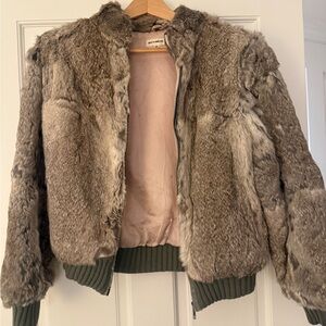 Cozy Fur Zip Front Jacket - Grey with olive greenish grey ribbing.